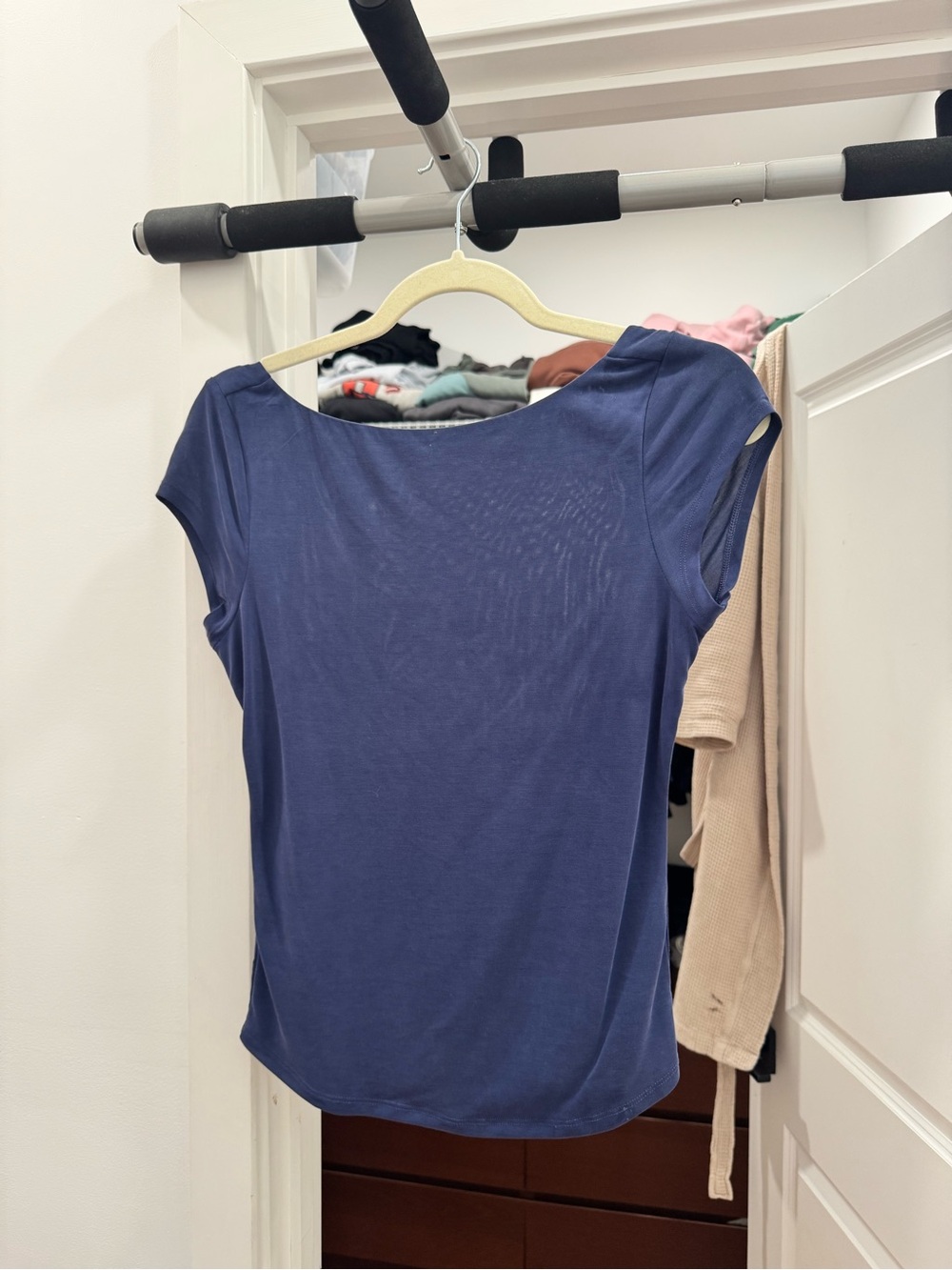 Free People Navy Short Sleeve Twist Back Top